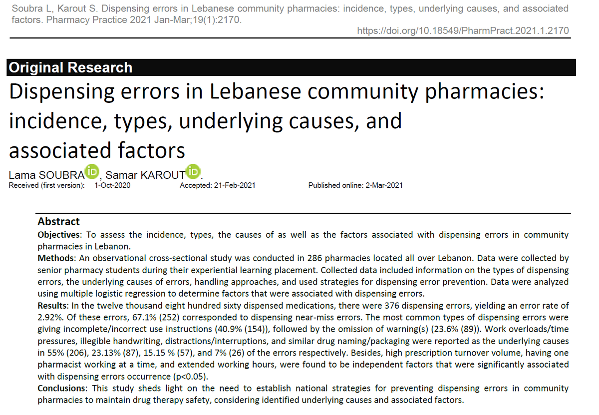 PharmPract's tweet image. Dispensing errors in Lebanese community pharmacies: incidence, types, underlying causes, and associated factors 

This study sheds light on the need to establish national strategies for preventing dispensing errors in community pharmacies

pharmacypractice.org/journal/index.…