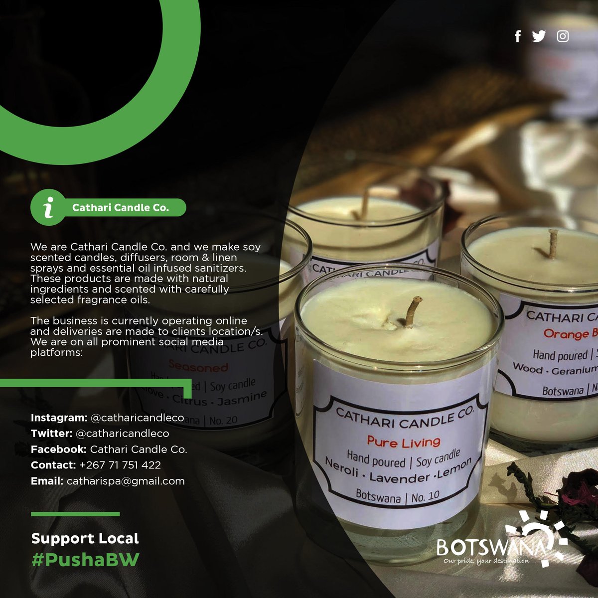 For all our earth lovers, Cathari Candles is for you! Their scented candles and diffusers are masterfully scented and is everything your home needs to smell divine. 
View their catalogues on their social media pages or contact 71751422 to make an order!  

#SupportLocal #PushaBW