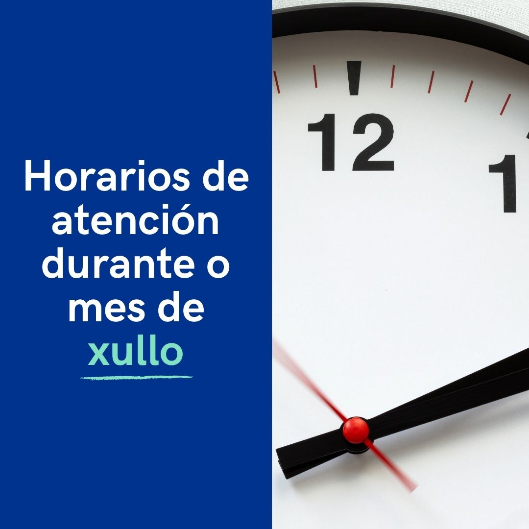 Ata o 24 de xullo estaremos á vosa disposición con horario de 9:00 a 13:30h, presencial ou telefónicamente.
Feliz verán a todxs!
