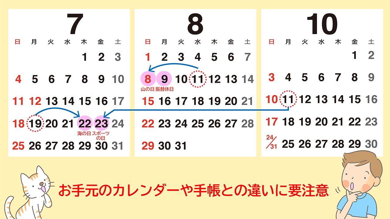 内閣府政府広報オンライン 3週間後からは東京オリンピック パラリンピック それに伴い 今年は 海の日 が7月22日 スポーツの日 が7月23日 山の日 が8月8日に移動しています 祝日移動はお手元の手帳やカレンダーなどに反映されていない場合が