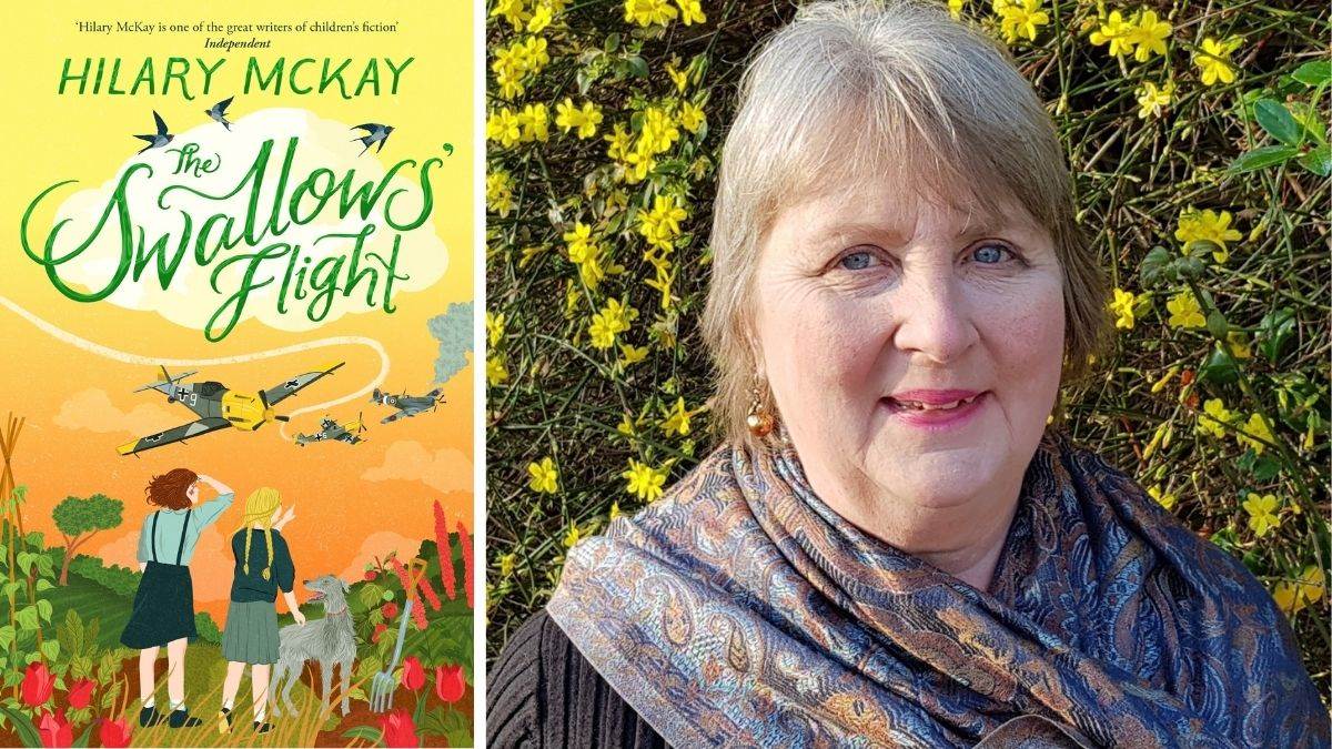 The front cover of The Swallows' Flight and a photo of author Hilary McKay