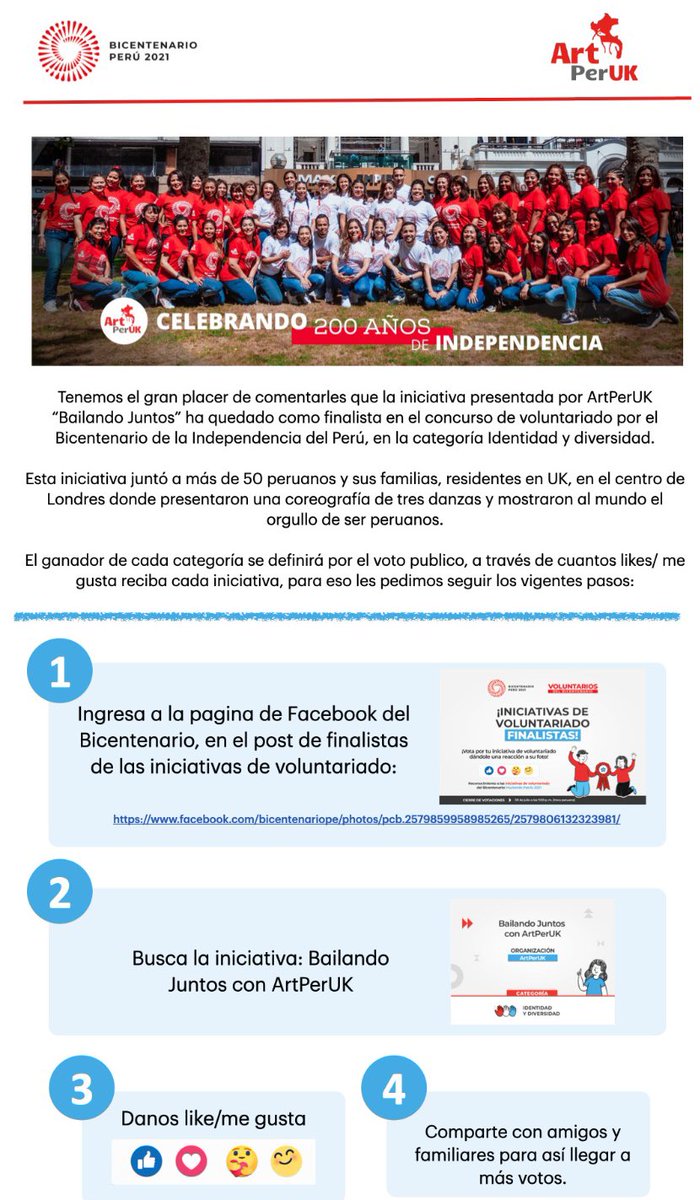 Help us to win the recognition of the Bicentennial! More than 50 peruvian participants in the UK 

facebook.com/17876032248776…