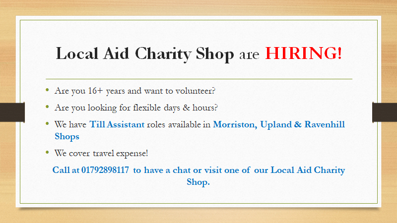 Our friends at 
<a href="/LocalAidcharity/">Local Aid</a> Shop in #swansea are recruiting #volunteers Drop in to find out more.
