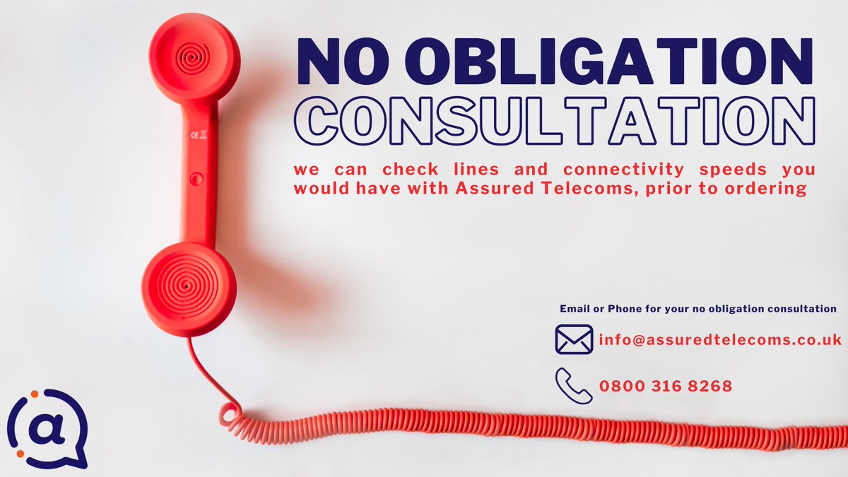 assuredtelecoms's tweet photo. Want a no obligation consultation? Get in contact with us today through 📞 calling or 📧 emailing 

We will check your potential lines and connectivity speeds for FREE, prior to ordering 

0800 316 8268
info@assuredtelecoms.co.uk

#USP #NoObligationConsultation #Telecoms https://t.co/HaFN3nBSCC