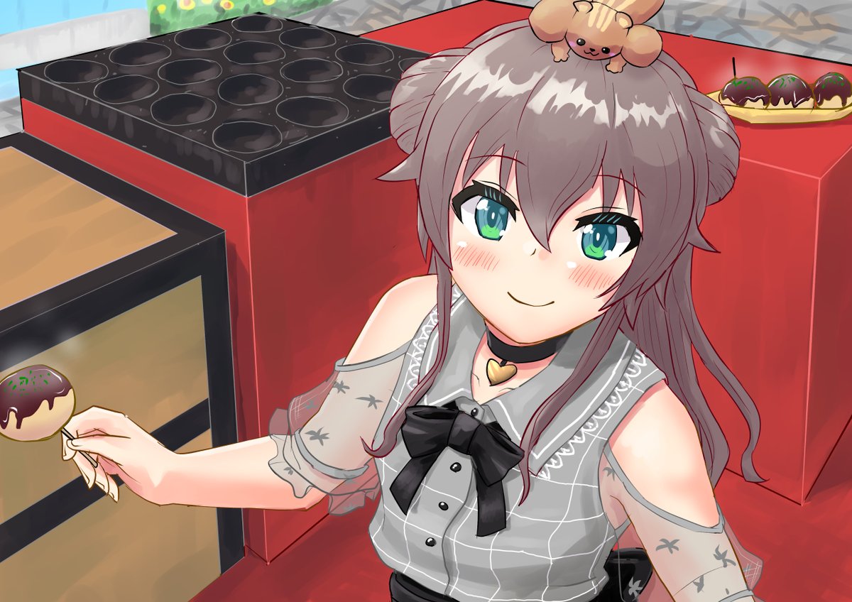 natsuiro matsuri 1girl brown hair shoulder cutout smile takoyaki choker grey shirt  illustration images