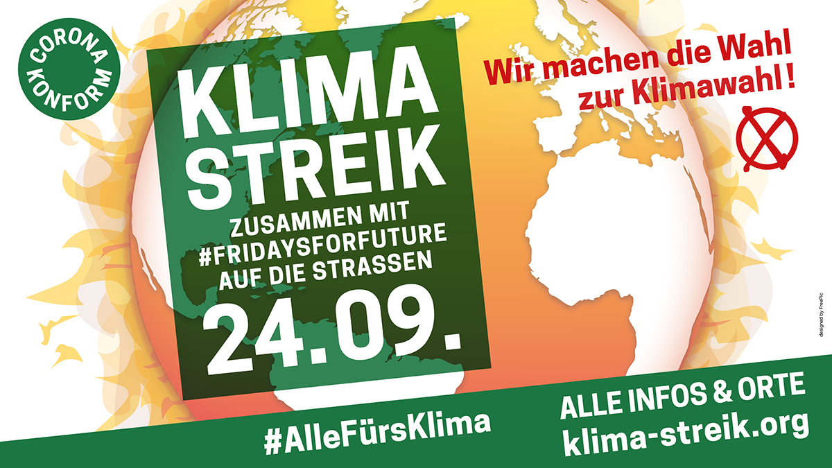 Save the date: Globaler #Klimastreik am 24. September 2021 - Die Bundestagswahl ist eine #Klimawahl! Für eine echte, gerechte 1,5 Grad Politik.

Bist Du dabei?