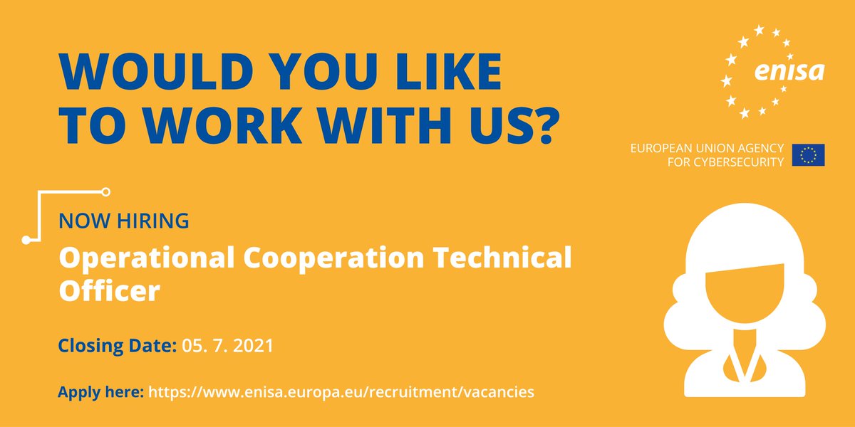Only a few days left to apply for ENISA's Technical Officer position!

Do you have experience with network security &amp; managing Application/Middleware Infrastructures? Do you want to help boost EU's response in case of large cyber incidents? 

Apply by 5/7👉enisa.europa.eu/recruitment/va…
