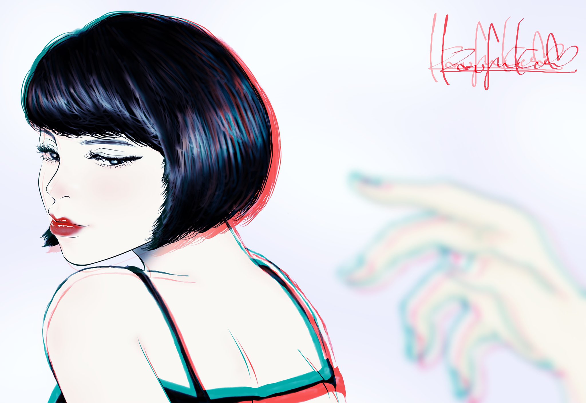 Kao Fuki イラストレーター デフォルメ版 ショートボブ 艶 アイコン オシャレ ヘアアレンジ 妖艶 黒髪 美肌 スキンケア ファッション モデル 色塗り 拡散 イラスト 絵描きさんと繋がりたい Illust Illustrator Illustration 拡散