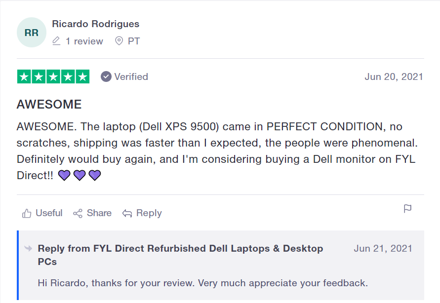 fyldirect's tweet photo. We often get asked if refurbished laptops look and feel like new ... Here's a recent Trustpilot review from a customer who bought a refurbished Dell XPS 👇
#FYLDirect #Dell #DellXPS #Refurbishedlaptops #RefurbishedDellLaptops #CustomerReview https://t.co/zrEZ1hiw41