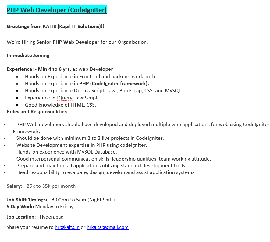 kaits20's tweet image. #phpdeveloper #php #seniorphpdeveloper #javascript #java #css #MySQL #html #FrontEndDeveloper #Backend #jobsinhydearbad #jobs #Career #Recruiting