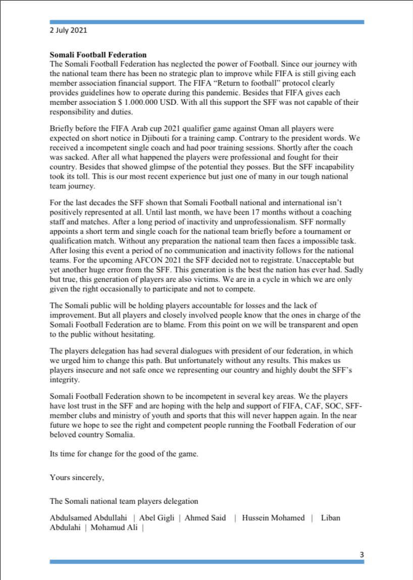 abelgigli's tweet photo. Open letter from the Somali National Team

We thank you for your support🇸🇴 https://t.co/MjYqeAKdVQ