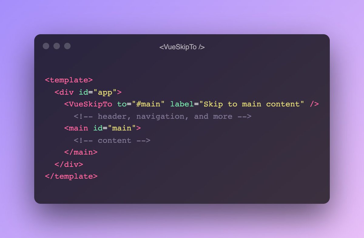 alenanik11's tweet image. Skip links are wonderful 👉 they allow the user to skip many navigation links (sometimes, nested) and go directly to the relevant content

Check t &amp;lt;VueSkipTo /&amp;gt; component from @vue_a11y folks 
yarn add @vue-a11y/skip-to and you are good to go 💁🏼‍♀️
github.com/vue-a11y/vue-s…

#a11y
