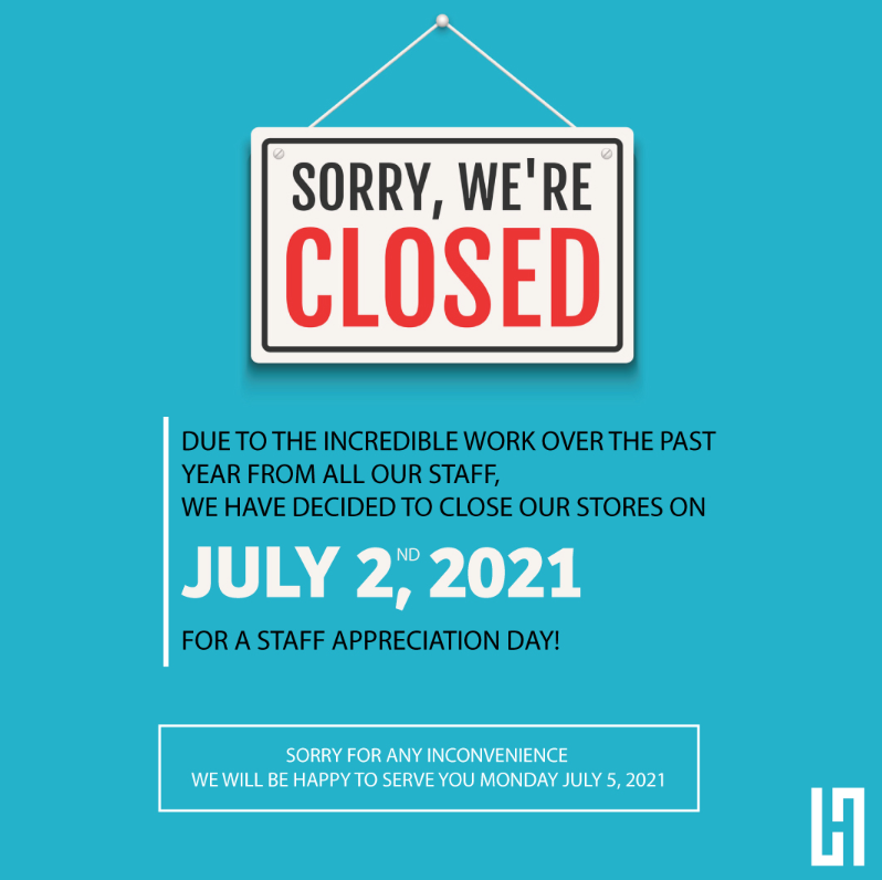 Our dealership will be closed for a Staff Appreciation Day! 

We're so proud of all of our staff for their incredible work, you all truly deserve this day off! 🙌 

Our doors will re-open on Monday, July 5th! 

We hope everyone has a safe and enjoyable weekend! 😊