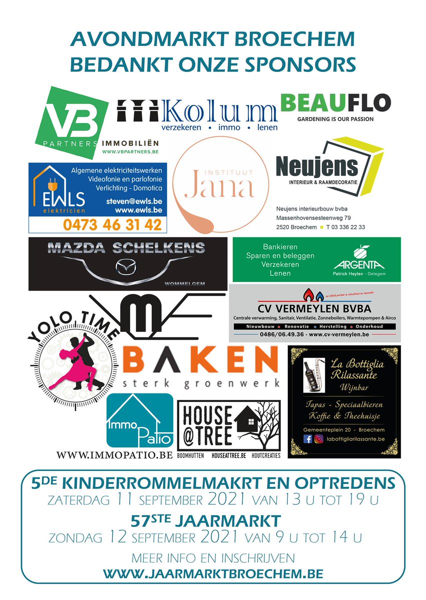 BroechJaarmarkt's tweet photo. Genoteerd? @gemeenteRanst #broechem #gratistoegang Met dank aan de vele sponsors! 

#avondmarktbroechem #avondmarkt #uitinranst https://t.co/ByAJwqx0tn