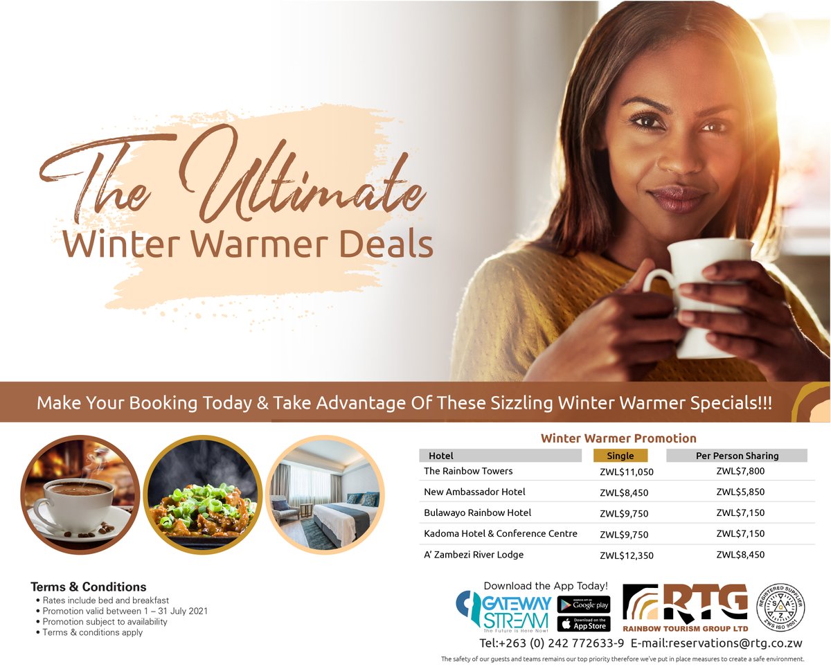 rtgafrica's tweet photo. We've got amazing Winter Warmer Deals just for you! From as low as ZWL$5 850 you can stay with us! Book today, Contact RTG Central Reservations on:
Tel: +263 242 772 633-9
Email: reservations@rtg.co.zw or 
Call Centre: +263 772 298 779

#winterwarmer #accommodationdeals https://t.co/dwXNkMljWy