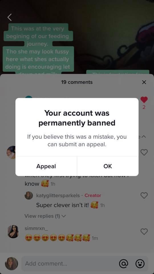makesmilk's tweet image. URGENT 
@tiktok_uk have removed hundreds of accounts that feature #breastfeeding.
This means some parents have lost support, sometimes in the middle of a conversation. This image is from @AssocBfMothers member @kkaatttyy. Not just a temporary ban but a PERMANENT one. [1]