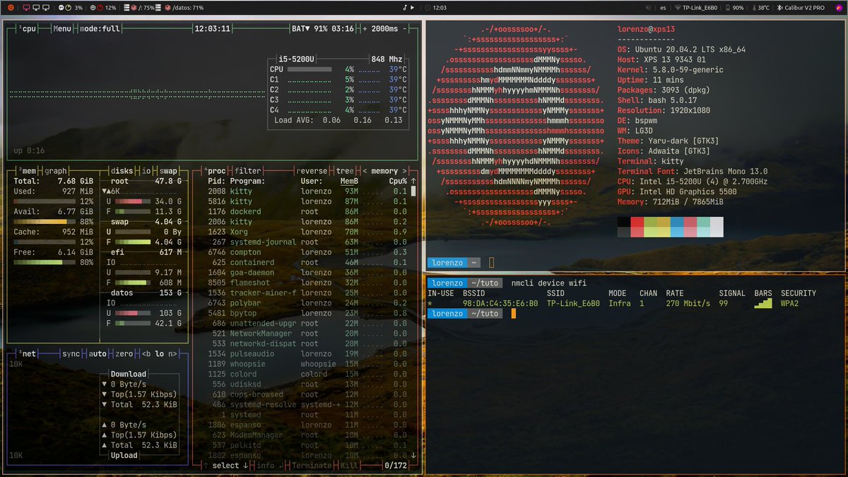 atareao's tweet photo. Un nuevo #ViernesDeEscritorio acompañado de #bspwm como gestor de ventanas, @polybar_team como barra de tareas, #neofetch y #bpytop para que veas el consumo de recursos. Configurando la conexión WiFi desde la terminal con #nmcli como te cuento en https://t.co/fnL60BjKmR https://t.co/cSUlQ5AsOt