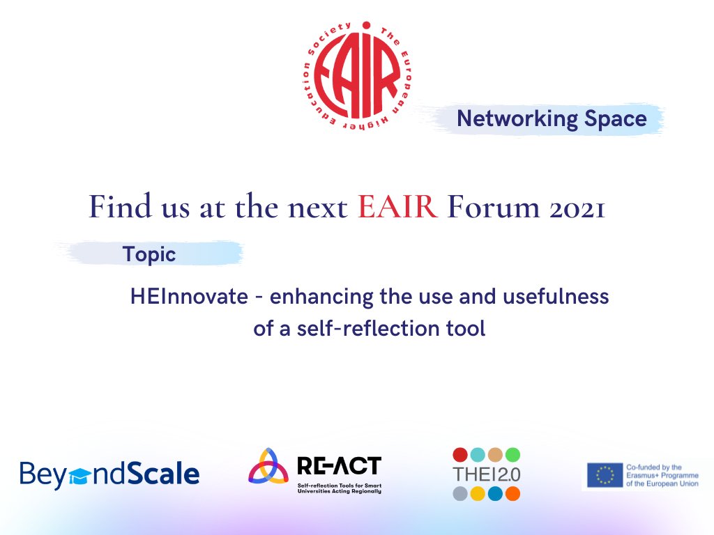 BeyondScale_EU's tweet image. We have a great news📣

We will be participating in the next @TheEAIR forum 2021 🥳

#BeyondScale in cooperation with @REACT35970069 &amp;amp; #THEI2.0 will be exploring the @HEInnovate tool and sharing diverse experiences 🔖📊💡

For more 👉 bit.ly/3Ak5MCY 

Save the date 📆🎓