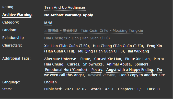 Cinnamaldeide's tweet photo. “Waters are no longer waters”
by @Cinnamaldeide for @FhimeChan ❀
#HuaLian #天官赐福 #TGCF #CinnFic

🦜 4.2k
🦜 Teen and Up Audiences
🦜 Pirates AU
🦜 Hurt/Comfort

Basically, cursed Captain Xie Lian and his devoted, foul-mouthed parrot Hua Cheng.
On Ao3 » https://t.co/nOQWZYowOQ https://t.co/vSNkSfwaCu