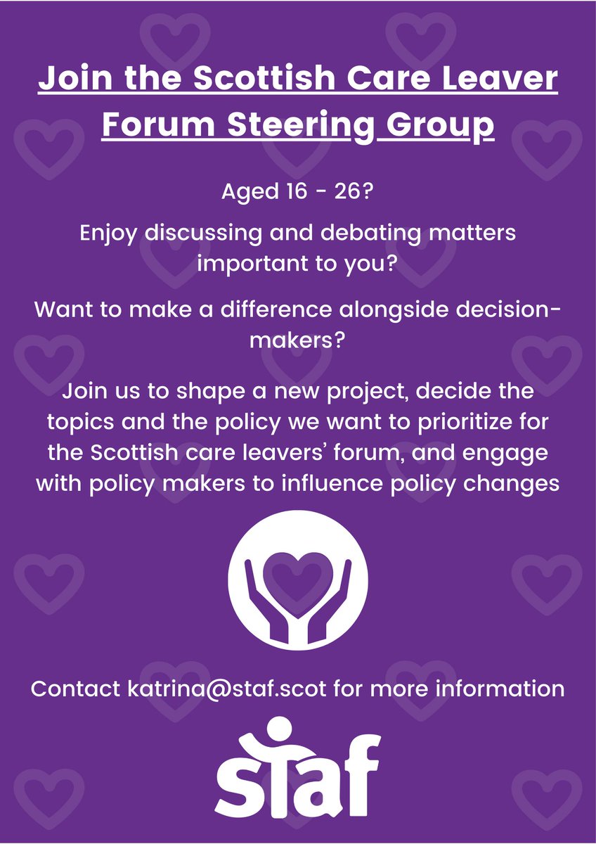 StafScot's tweet image. We're looking for care leavers aged 16-26 who want to make a difference to join the Scottish Care Leaver Forum Steering Group 👋

Your voices will shape a new project which will influence decision-making at a national level 💪

Contact katrina@staf.scot for more info ✨