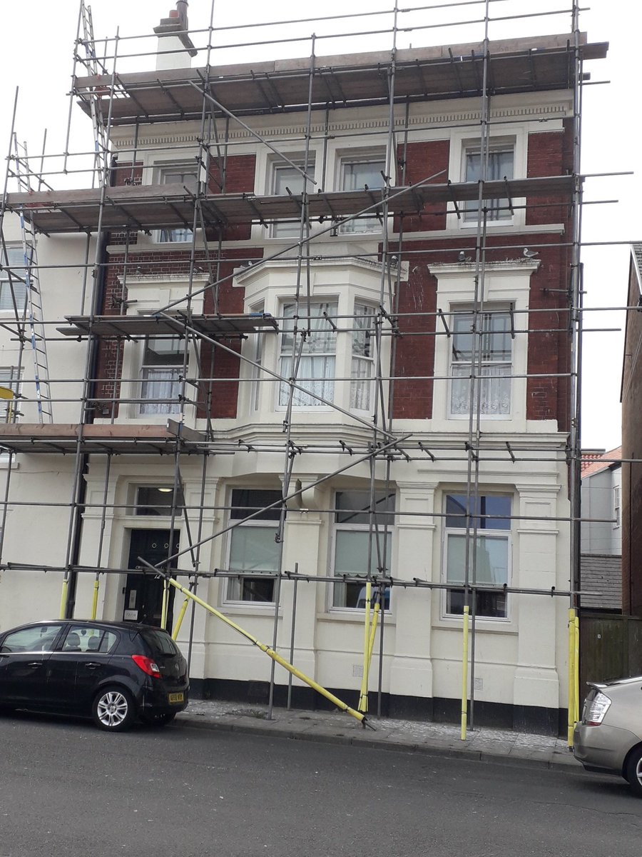 Chris1953Brown's tweet photo. Bernicia apparently think it's ok to scaffold around Kittiwake nests 72-74 Southgate, Hartlepool Headland. They're only effing gulls according to scaffolders. One in care after being left on pavement. https://t.co/qnzgt5XTse