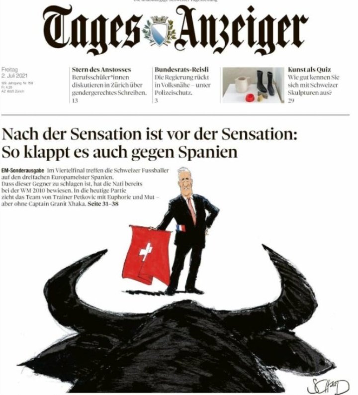 La importancia del toro en todo el mundo. Periódico suizo antes del partido, Suiza - España. 🇪🇦👌