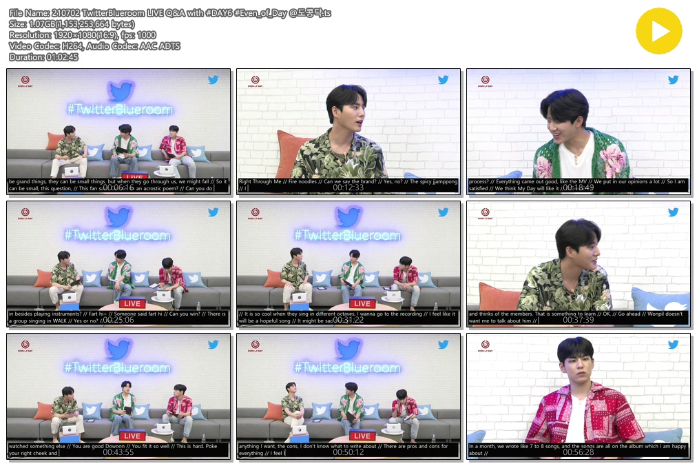 210702 TwitterBlueroom LIVE Q&amp;A with DAY6 (Even of Day) ts

timeofourlife.tistory.com/100
비밀번호 : 데뷔일 6자리 (YYMMDD)