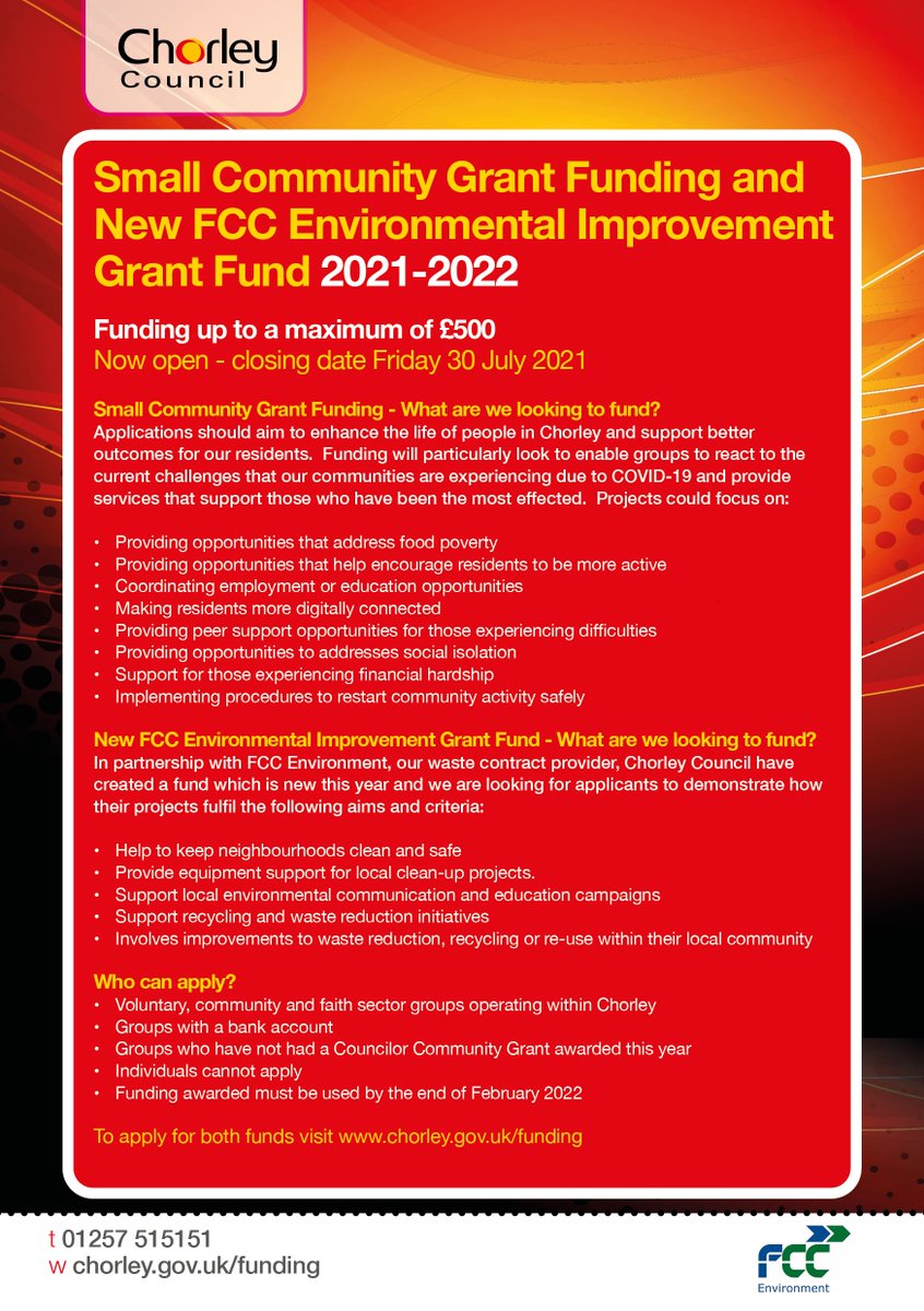 Are you looking for funding for your group? 

There are only two weeks left to apply for a Small Community Grant of up to £500. 

Apply at chorley.gov.uk/funding by 30 July.