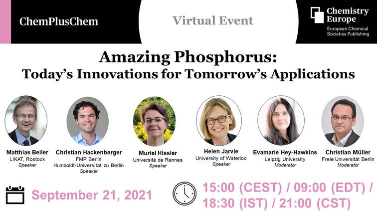 Evamarie Hey-Hawkins (@heyhawkins) on Twitter photo <a href="/ChemPlusChem/">ChemPlusChem</a> Many thanks to <a href="/ChemPlusChem/">ChemPlusChem</a>
I would like to use the opportunity to advertise for our “Amazing Phosphorus” symposium on 21 September 2021 – please join us at …mistry-europe.onlinelibrary.wiley.com/hub/events#cpl… <a href="/ChemPlusChem/">ChemPlusChem</a> Many thanks to <a href="/ChemPlusChem/">ChemPlusChem</a>
I would like to use the opportunity to advertise for our “Amazing Phosphorus” symposium on 21 September 2021 – please join us at …mistry-europe.onlinelibrary.wiley.com/hub/events#cpl…