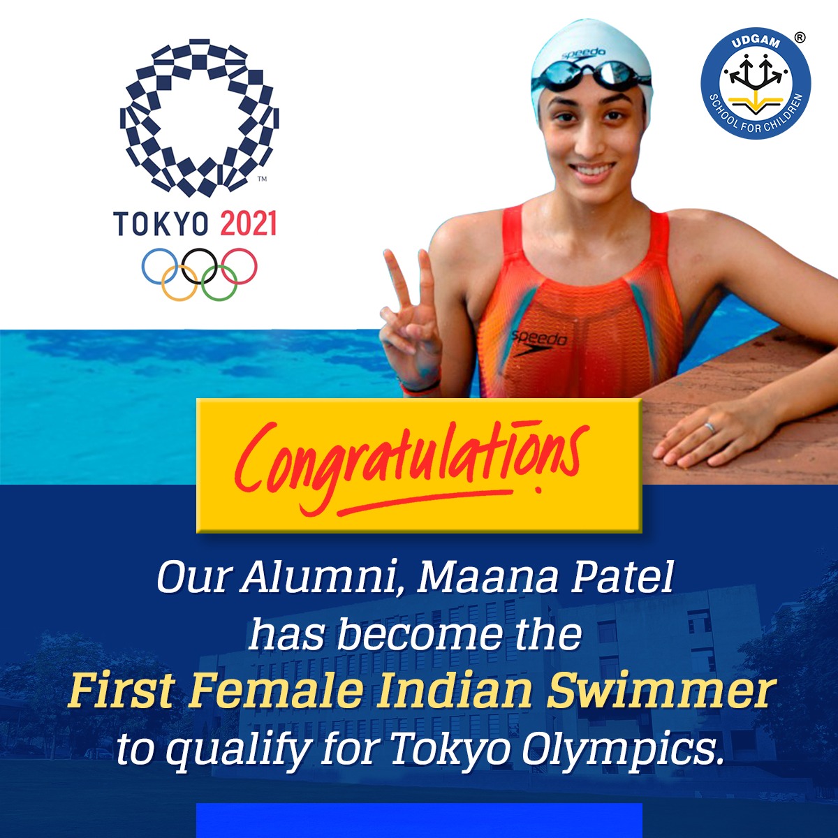 UdgamSchool's tweet photo. Our Alumni, Ms @MaanaPatel, has become the 1st female and 3rd Indian Swimmer to qualify for Tokyo Olympics.

Hearty congratulations to you Champ!

#TokyoOlympics2021 #Tokyo2020 #Olympics #Udgamites #TokyoOlympics https://t.co/us1RwH10gf