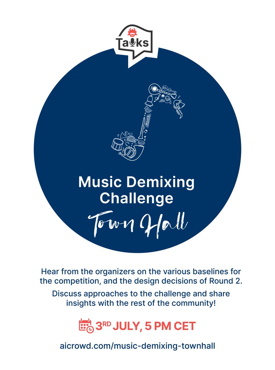 sounddemix's tweet photo. Tomorrow we will be at the @aicrowdHQ Town Hall Meeting to talk about the #MDXchallenge! ποΈ
We will talk about the baseline models and you can ask us any question about the challenge and sound source separation πΈπΈ
Don't miss it!
3rd July, 5PM CET ποΈ
https://t.co/RGnld0XyJ9 https://t.co/l16j7GJRWH
