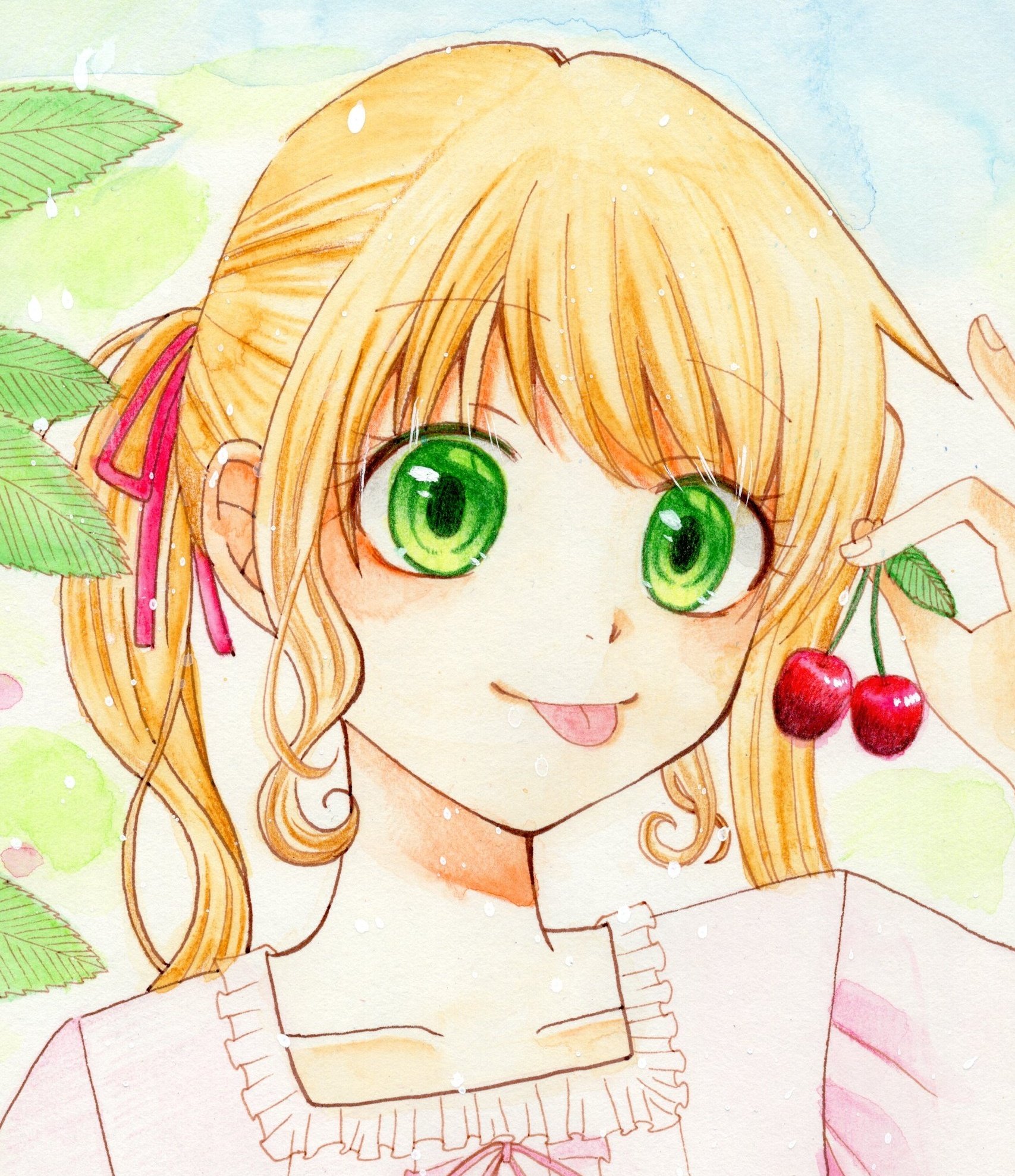 Mono アナログ絵描き 目の塗り方をまだ迷っています 花魔法ちゃんみたいに水彩でシンプルスッキリな塗り方 がいいか チェリーちゃんみたいに色鉛筆で書き込み入れた方が良いか 髪の塗りも迷ってるし なかなか絵柄が固まらず試行錯誤の毎日です