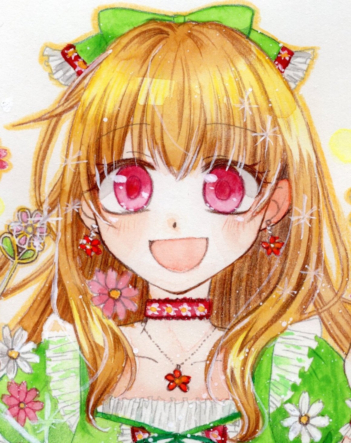 Mono アナログ絵描き 目の塗り方をまだ迷っています 花魔法ちゃんみたいに水彩でシンプルスッキリな塗り方 がいいか チェリーちゃんみたいに色鉛筆で書き込み入れた方が良いか 髪の塗りも迷ってるし なかなか絵柄が固まらず試行錯誤の毎日です