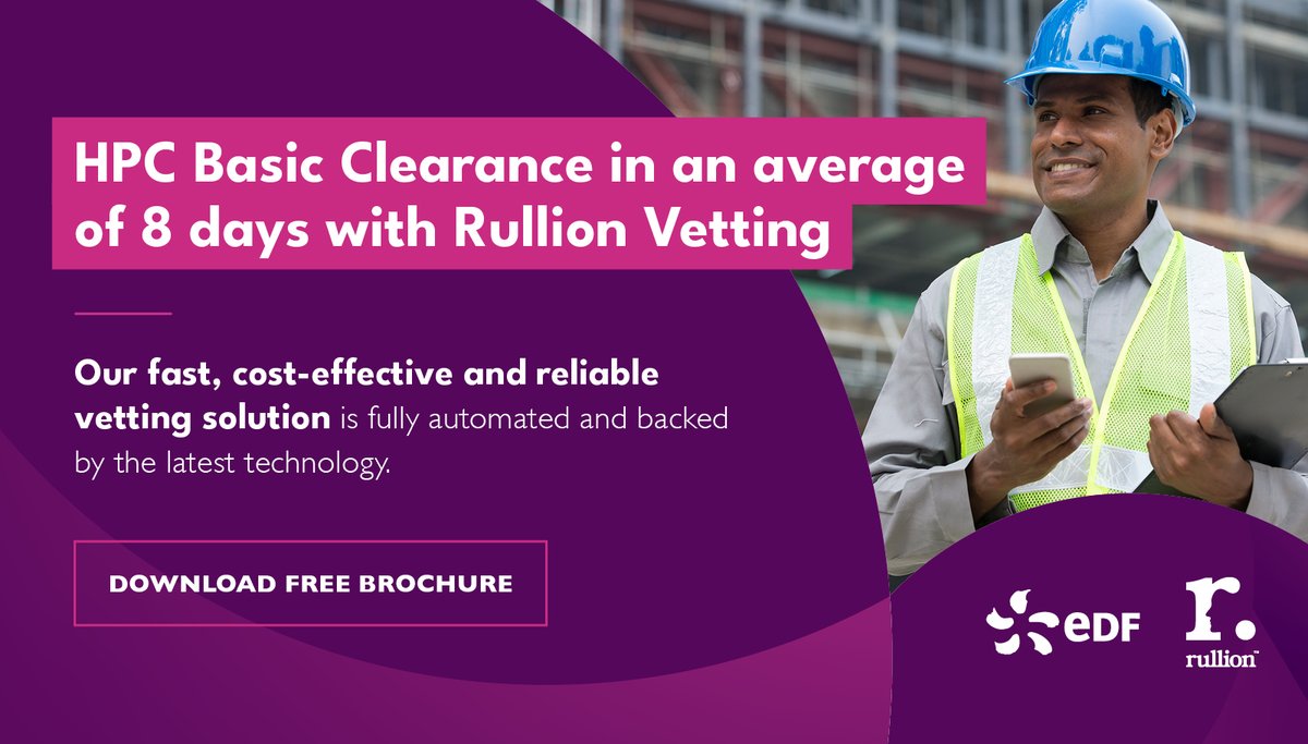 Introducing Rullion Vetting, an innovative technology solution that allows you to get Hinkley Point C Basic Clearance in an average of just 8 days. 

Download free brochure here to learn more: bit.ly/2TuHCF3

#HinkleyPointC #Vetting #Screening #EDF #NuclearPower