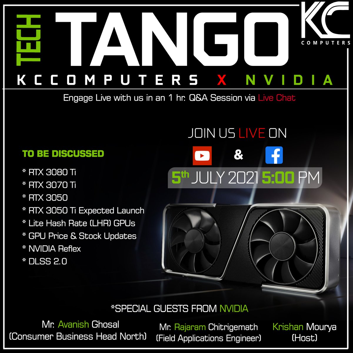 kcludhiana's tweet image. TECH TANGO
KC COMPUTERS x NVIDIA
Join us Live on YouTube & Facebook.
A great session to answer your all the questions about NVIDIA Graphic cards with *SPECIAL GUESTS FROM NVIDIA.
@NVIDIAGeForce
TUNE IN AT
5th JULY 2021 5:00 PM
#TECHTANGO #invidia #kccomputers #livestream