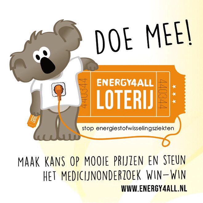 ENERGY4ALL LOTERIJ
Jaaa de Energy4All Loterij is van start! Een online loterij waarmee we zoveel mogelijk geld op willen halen voor het medicijnonderzoek om energiestofwisselingsziekten te stoppen.
Doe mee! Koop je loten hier: energy4all.nl/energy4all-lot…

#loterij #goeddoel #winnen