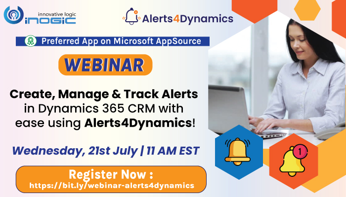 inogic's tweet photo. Learn how to create and #managealerts & #notifications within #Dynamics365 CRM and effectively improve your overall productivity!
When: 21st July | 11 AM EST
Book your seats here: https://t.co/gCyhNZX8W1
#CRMalerts #CRMnotifications #msdyn365 #dataverse #createalerts https://t.co/AK9N6mPoNi