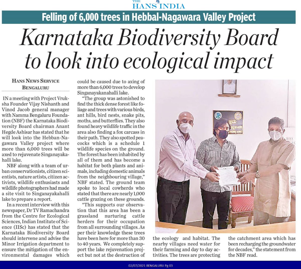 Namma_Bengaluru's tweet photo. Namma Bengaluru Save trees campaign @Namma_Bengaluru & @vijayvruksha met #AnantHegdeAshisar,Chairman, #KarnatakaBiodiversityBoard & requested to organise a joint visit with all stakeholders to the #SinganayakanahalliLake.
#save6316trees
Follow us & stay tuned for more updates. https://t.co/243G0J4uwl