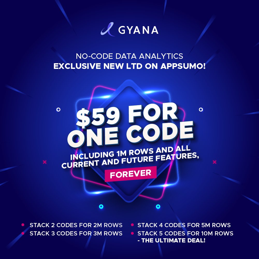 New AppSumo deal for Gyana: Individual codes are $59! 
What we care about: make sure our early supporters get the best deal! 🙌 make it affordable for those who missed out 😢 ..and economical for us in the long term 😅 Tell us what you think, and happy insights!