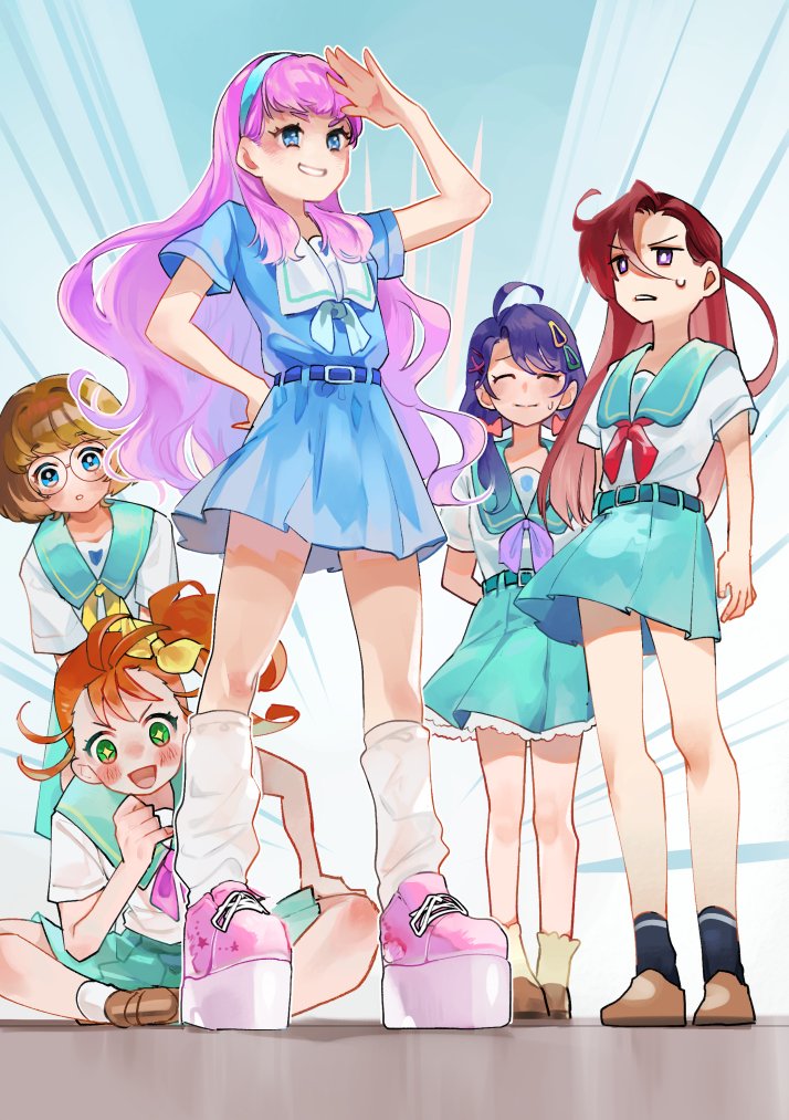 multiple girls school uniform sailor collar smile skirt pink hair 5girls  illustration images