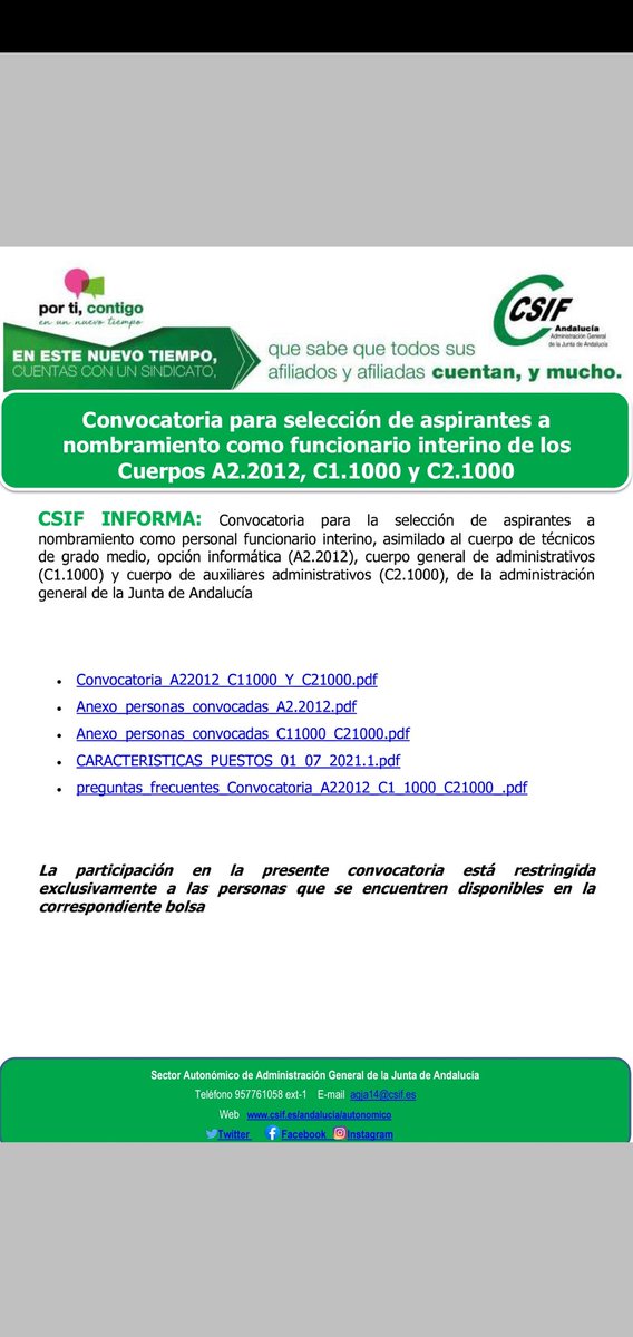☑️ ℹ️Convocatoria para selección de aspirantes a nombramiento como funcionario interino de los Cuerpos A2.2012, C1.1000 y C2.1000 👉🏻info en la web del empleado público
⚠️El lunes es el último día