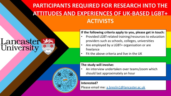 AdBPhD1's tweet photo. I am looking for participants for my PhD research regarding LGBT+ activists who provide training to educators in schools, colleges, universities. If you're interested, please see the banner for details! Pls RT. Adam @LGBTedUK @LGBTfdn  @activist_just  #Education #PHDresearch https://t.co/syGhuATcyQ