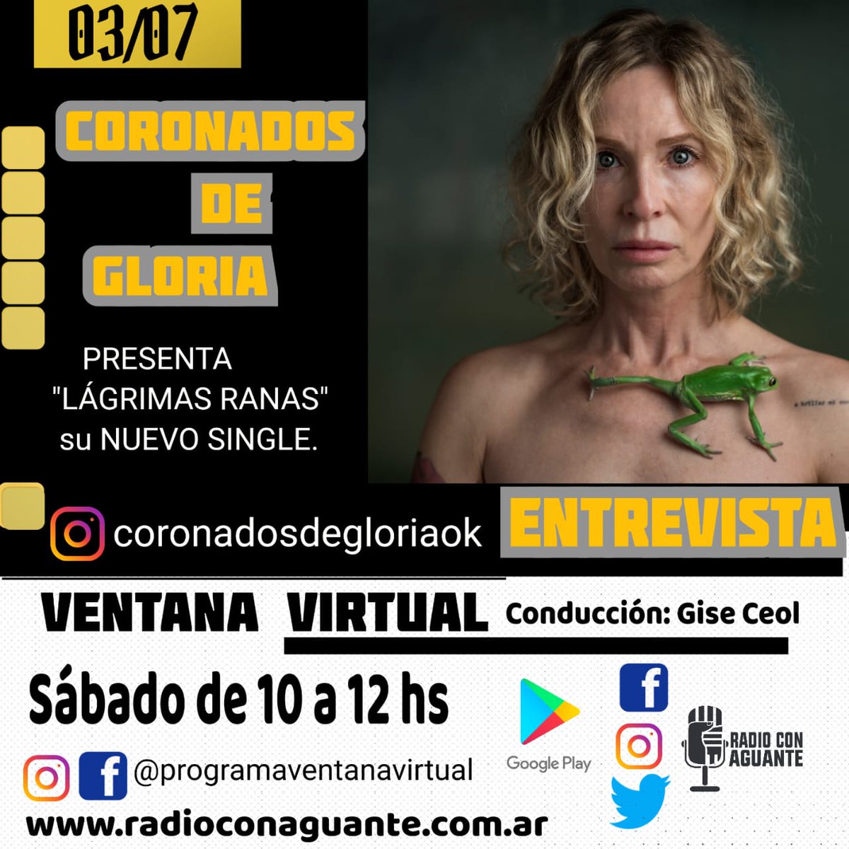 Este sábado en #ventanavirtual La banda <a href="/CoronadosDeGlo/">Coronados de Gloria</a> nos podes escuchar en <a href="/radioconaguante/">Radio Con Aguante</a> radioconaguante.com.ar 
  @LuzEspeche
