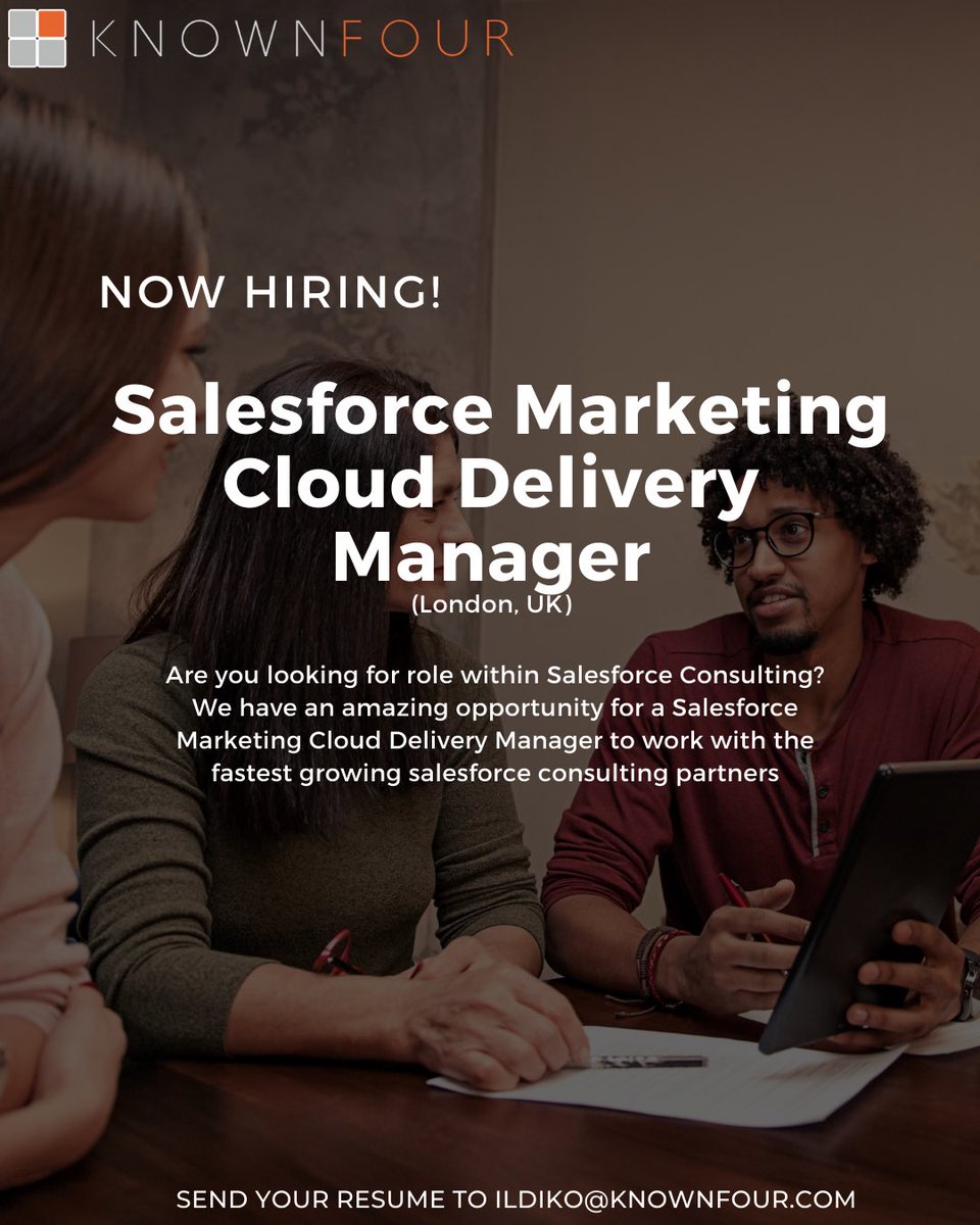 We are hiring!

KnownFour is looking to fill a Salesforce Marketing Cloud Delivery  Manager role. 

For more details: reed.co.uk/jobs/salesforc…

OR

Send an email to ildiko@knownfour.com

#KnownFour #hiring #recruitment #cloud #marketing #salesforce #hr #talentacquisition