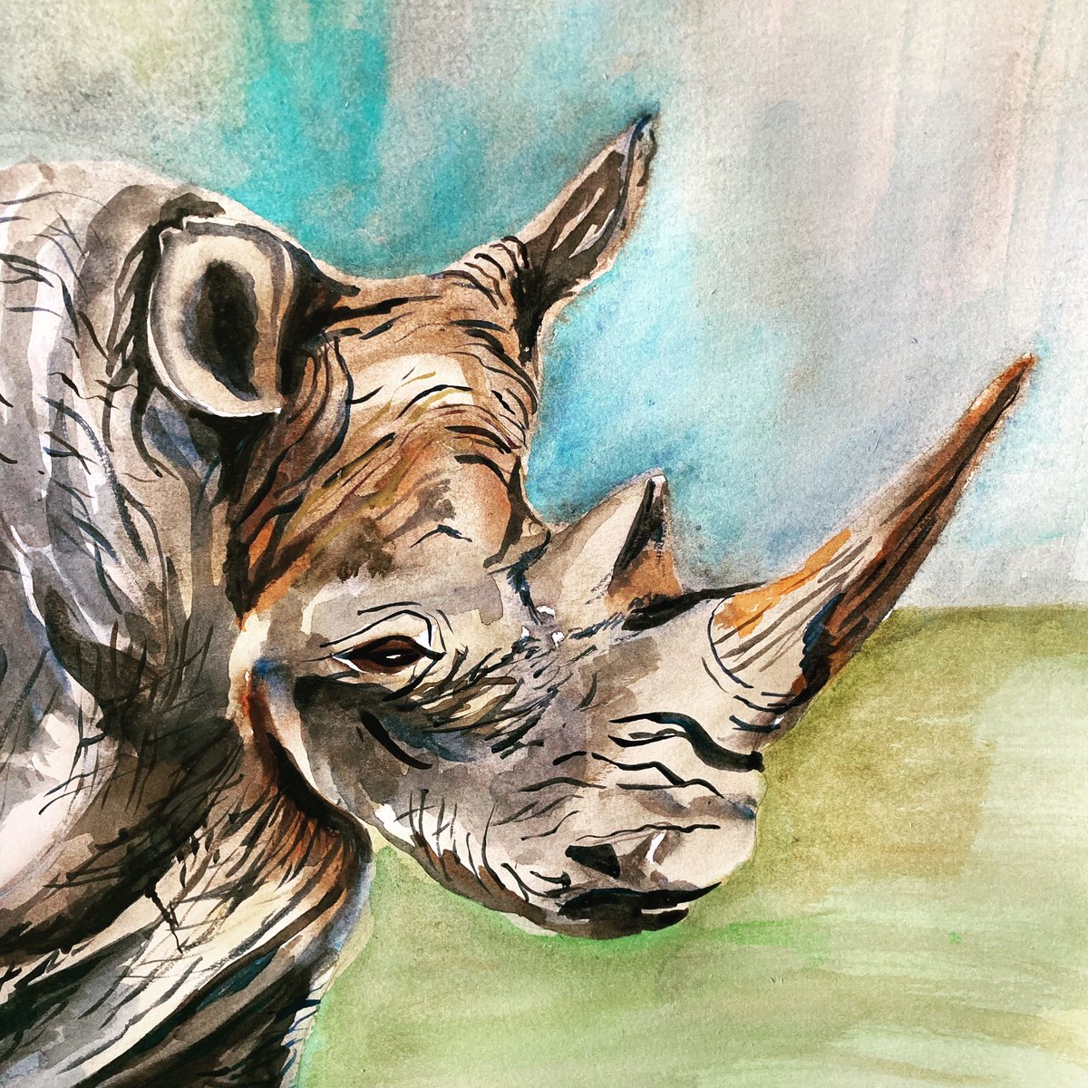 This week in #childrensart #Onlineclasses #afterschool #homeschooling we #painted a #rhino #watercolorpainting how they fiercely #protectbabies and like last weeks #lion and #elephant them being #EndangeredSpecies we felt the presence of their response to attack by charging