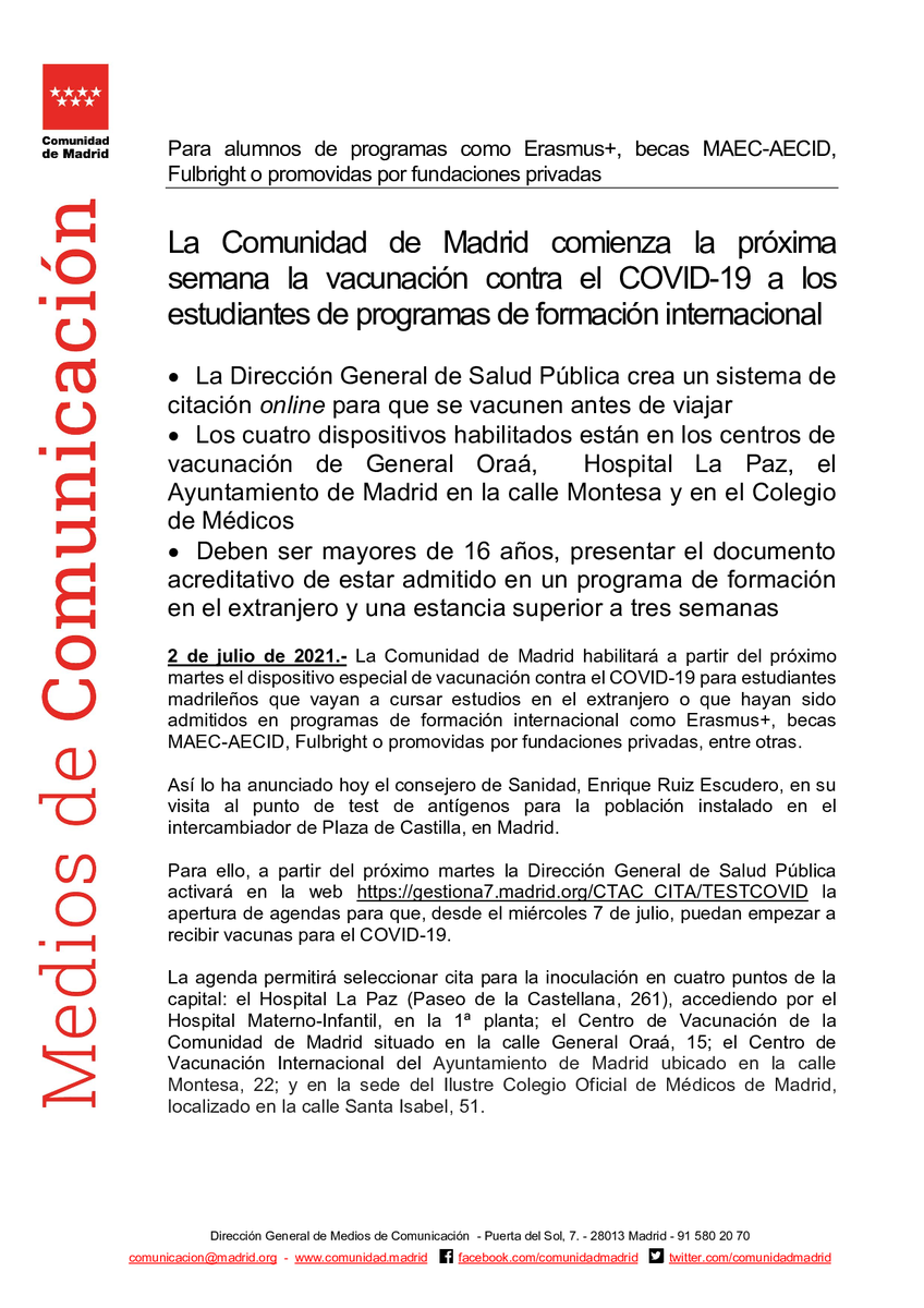 SaludMadrid's tweet photo. La @ComunidadMadrid comienza la próxima semana la vacunación contra el #COVID19 a los estudiantes de programas de formación internacional

#Coronavirusmadrid #Madrid #vacunacioncovid19 https://t.co/Mwym0Z7p5m
