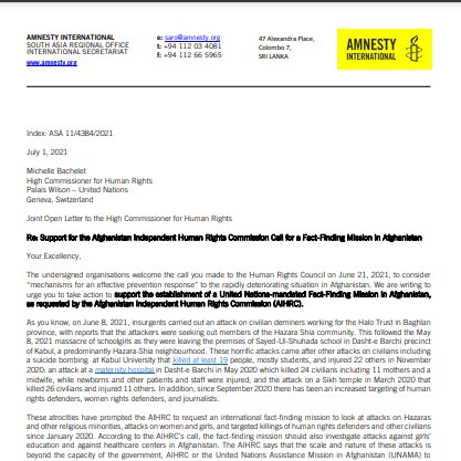 amnestysasia's tweet photo. .@amnesty @AgnesCallamard &amp; 19 other human rights organizations have urged @mbachelet to take action to support the establishment of a United Nations-mandated Fact-Finding Mission in Afghanistan as requested by the @AfghanistanIHRC 
👉Read the statement: https://t.co/nNGLveYj3o https://t.co/RFo4wvygIK