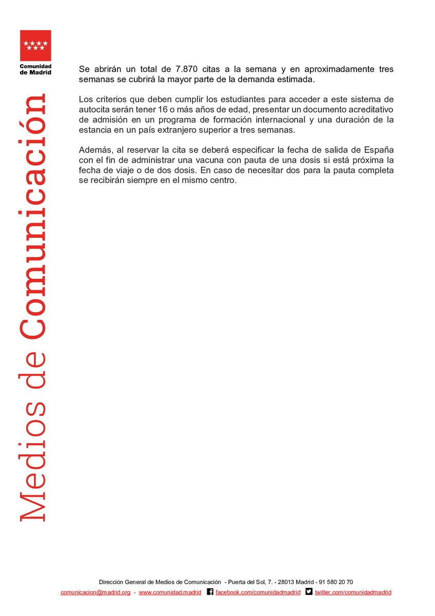 La <a href="/ComunidadMadrid/">Comunidad de Madrid</a> comienza la próxima semana la vacunación contra el #COVID19 a los estudiantes de programas de formación internacional

#Coronavirusmadrid #Madrid #vacunacioncovid19