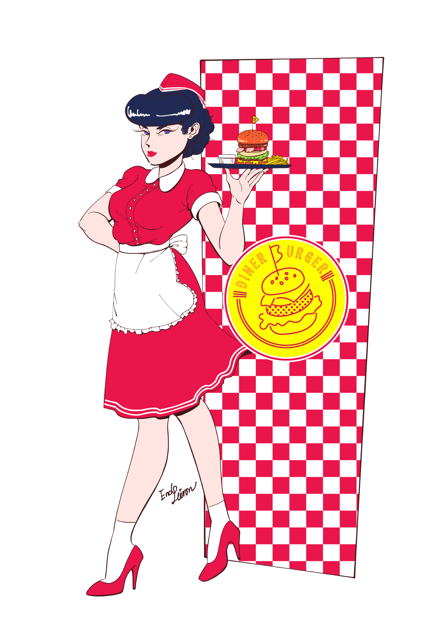 エンドーハイロウ イラストレーター ダイナーシリーズ第２弾 ウェイトレスガール を描いていきます シンプルでもワンピースとエプロンの組み合わせって可愛いですよね それぞれ架空のお店のロゴマークを描いていく予定です イラスト好きさんと