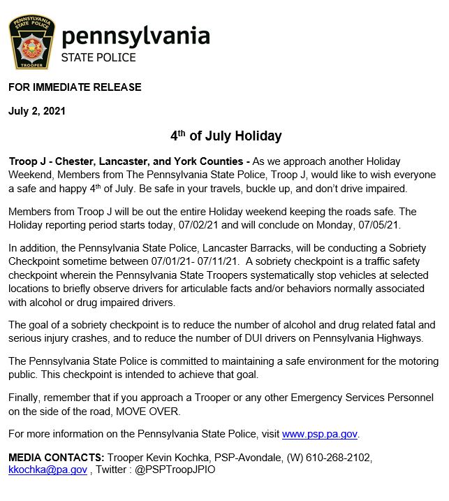 PSPTroopJPIO's tweet photo. As we approach another Holiday Weekend, Members from The Pennsylvania State Police, Troop J, would like to wish everyone a safe and happy 4th of July. Be safe in your travels, buckle up, and don’t drive impaired. #4thofJuly #BUCKLEUP #dontdrinkanddrivefindaride https://t.co/3cpcG1WpJg